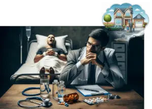 Das Bild zeigt einen nachdenklichen Arzt an einem Tisch mit Medikamenten und Spritzen. Im Hintergrund liegt ein fixierter Mann im Bett. Die Szene vermittelt eine ernste, medizinische Atmosphäre