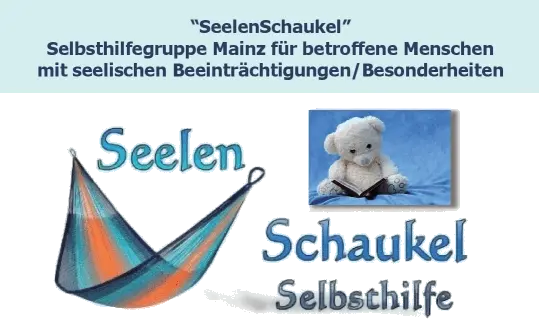 Flyer der Selbsthilfegruppe "SeelenSchaukel" in Mainz für Menschen mit seelischen Beeinträchtigungen. In der Mitte ist eine Hängematte mit dem Text "SeelenSchaukel Selbsthilfe". (Mit Klick auf das Bild zur Webseite)