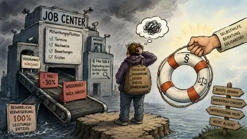 Karikatur: Überforderte Person vor einem bedrohlichen Jobcenter. Ein Rettungsring steht für Selbsthilfe, Beratung und rechtliche Unterstützung.