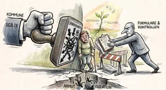 Karikatur einer erwachsenen Person, die zwischen zwei Belastungen eingeklemmt ist. Links drückt ein übergroßer Stempel mit den Aufschriften „Kommune“ und „SGB IX“ sowie dem Symbol für Sparvorgaben auf den Boden und reißt einen tiefen Spalt auf. Im Spalt sind die Begriffe „Armut“ und „Isolation“ zu sehen. Rechts schiebt eine streng wirkende Person der erschöpften Hauptfigur Formulare und Kontrollen entgegen. Im Hintergrund wächst aus einem kleinen Keimling mit den Begriffen „Vertrauen“ und „Teilhabe“ Hoffnung, die jedoch durch den Druck von Bürokratie und Sparmaßnahmen bedroht wird. Die Illustration verdeutlicht die Auswirkungen von Kürzungen in der Eingliederungshilfe auf Selbstbestimmung, soziale Teilhabe und psychische Gesundheit.