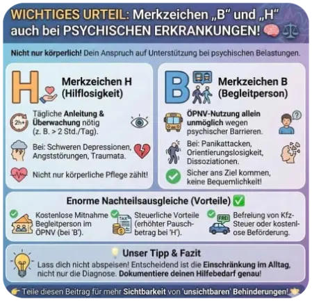 Infografik zu Merkzeichen B und H bei psychischen Erkrankungen. Sie erklärt Voraussetzungen, Beispiele wie Depressionen oder Angststörungen, sowie Vorteile wie Begleitperson im ÖPNV, steuerliche Erleichterungen und weitere Nachteilsausgleiche. Schwerpunkt ist die Alltagsbeeinträchtigung statt der Diagnose.