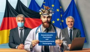 ein Arzt im Vordergrund der die gemeindepsychiatrische Versorgung und die Personenzentrierte Versorgung auf einem Schild hält