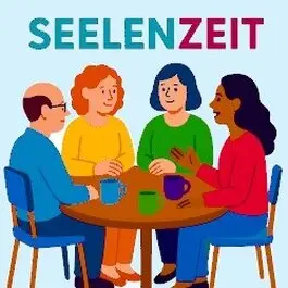 Gruppe mit 4 Menschen an einem runden Holztisch und Kaffeetassen vor sich