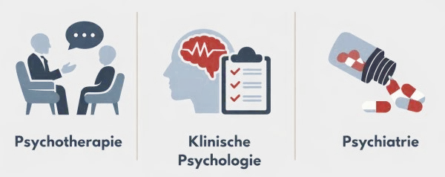 Dreiteilige Grafik mit Symbolen und Text. Links Psychotherapie. Zwei sitzende Personen im Gespräch mit Sprechblase. Mitte Klinische Psychologie. Kopfprofil mit hervorgehobenem Gehirn und einer Checkliste für Diagnostik. Rechts Psychiatrie. Geöffnete Medikamentenflasche mit Tabletten. Die Grafik zeigt die unterschiedlichen Aufgabenbereiche der drei Fachrichtungen.