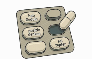 Bild: Tastatur mit Pillen bestückt. Einige Tasten mit den Worten: "hab Geduld", "positiv denken" und "sei tapfer"