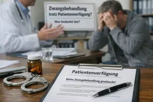Zwangsbehandlung trotz Patientenverfügung. Wenn Selbstbestimmung in der Krise unter Druck gerät Auf einem Tisch liegt eine Patientenverfügung mit der gut lesbaren Aufschrift „Keine Zwangsbehandlung gewünscht“. Daneben befinden sich ein Stift, eine Medikamentenflasche und Handschellen. Im Hintergrund sitzt ein Mann mit gesenktem Kopf und hält sich verzweifelt das Gesicht. Ihm gegenüber gestikuliert ein Arzt. An der Wand steht auf einem Schild: „Zwangsbehandlung trotz Patientenverfügung? Was bedeutet das?“ Die Szene vermittelt eine angespannte Gesprächssituation und verdeutlicht den Konflikt zwischen medizinischer Entscheidungsmacht und dem erklärten Willen des Patienten.