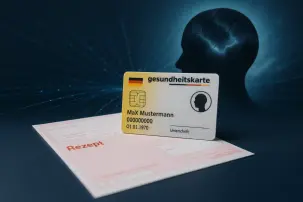 Elektronische Gesundheitskarte auf Rezept mit Kopf-Silhouette und Gehirn-Illustration – Symbol für psychische Gesundheit & digitale Medizin.