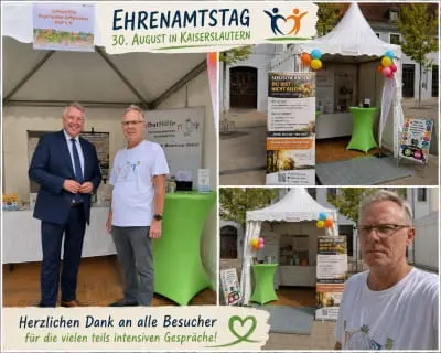 Collage mit Impressionen vom Informationsstand der Selbsthilfe Psychiatrie-Erfahrener Rheinland-Pfalz beim Ehrenamtstag in Kaiserslautern. Besuch des Ministerpräsidenten Gordon Schnieder.