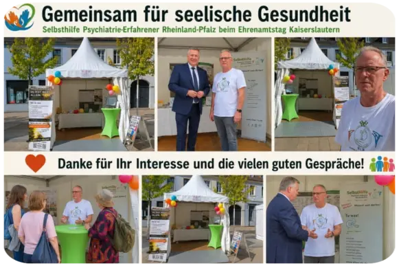 Impressionen vom Ehrenamtstag in Kaiserslautern mit dem Informationsstand der Selbsthilfe Psychiatrie-Erfahrener Rheinland-Pfalz und zahlreichen persönlichen Gesprächen rund um seelische Gesundheit und Selbsthilfe.