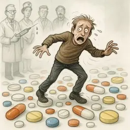 Ein ängstlich wirkender Mann steht schwitzend und panisch auf einem Boden voller großer Tabletten. Im Hintergrund sind schemenhafte Ärzte zu sehen, einer hält eine große Spritze. Das Bild vermittelt eine bedrohliche Atmosphäre und thematisiert die Angst vor Medikamenten oder medizinischer Behandlung.