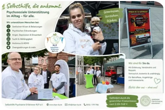 Menschen des Selbsthilfe Psychiatrie-Erfahrene Rheinland-Pfalz e.V. an einem Informationsstand in Mainz. Die Collage zeigt Begegnung, Austausch und ehrenamtliches Engagement für Menschen mit seelischen Belastungen und ihre Angehörigen. Große Überschriften betonen Gemeinschaft, Hoffnung und Unterstützung.